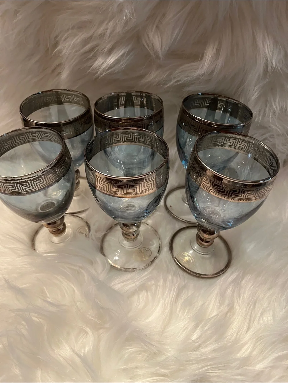 Set of 6 Blue Glass Wine Goblets with Silver Decorative Band